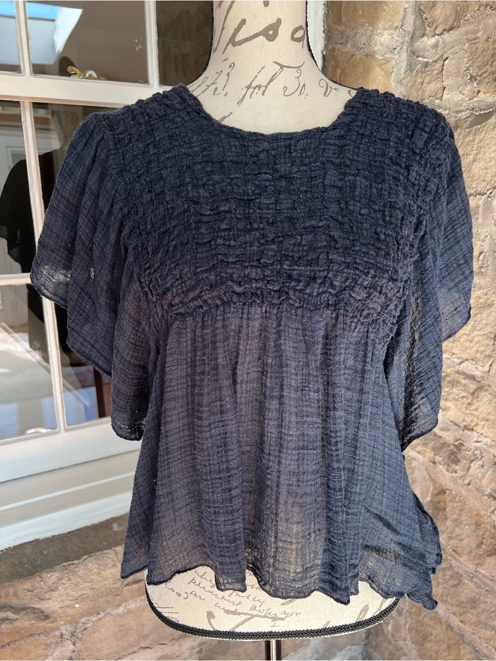 EUC size S Free People One Hyacinth Indigo blue Smocked Flutter Sleeve Top - Picture 2 of 8